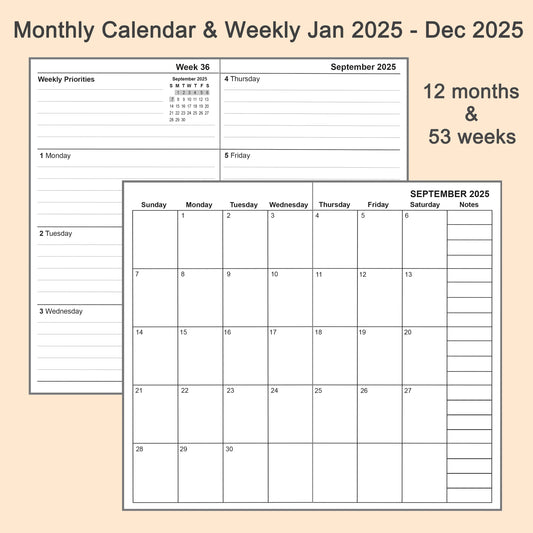 2pcs Travelers Notebook Inserts Jan - Dec 2025, Weekly & Monthly Calendar Refills, Passport 3.5 x 4.8