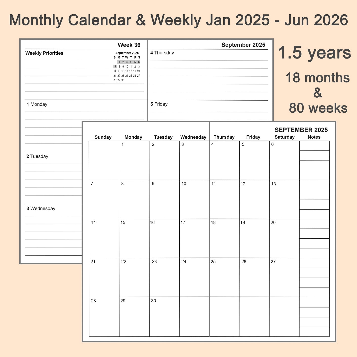 3pcs Travelers Notebook Inserts Jan 2025 - Jun 2026, Weekly & Monthly Calendar Refills, Passport 3.5 x 4.8