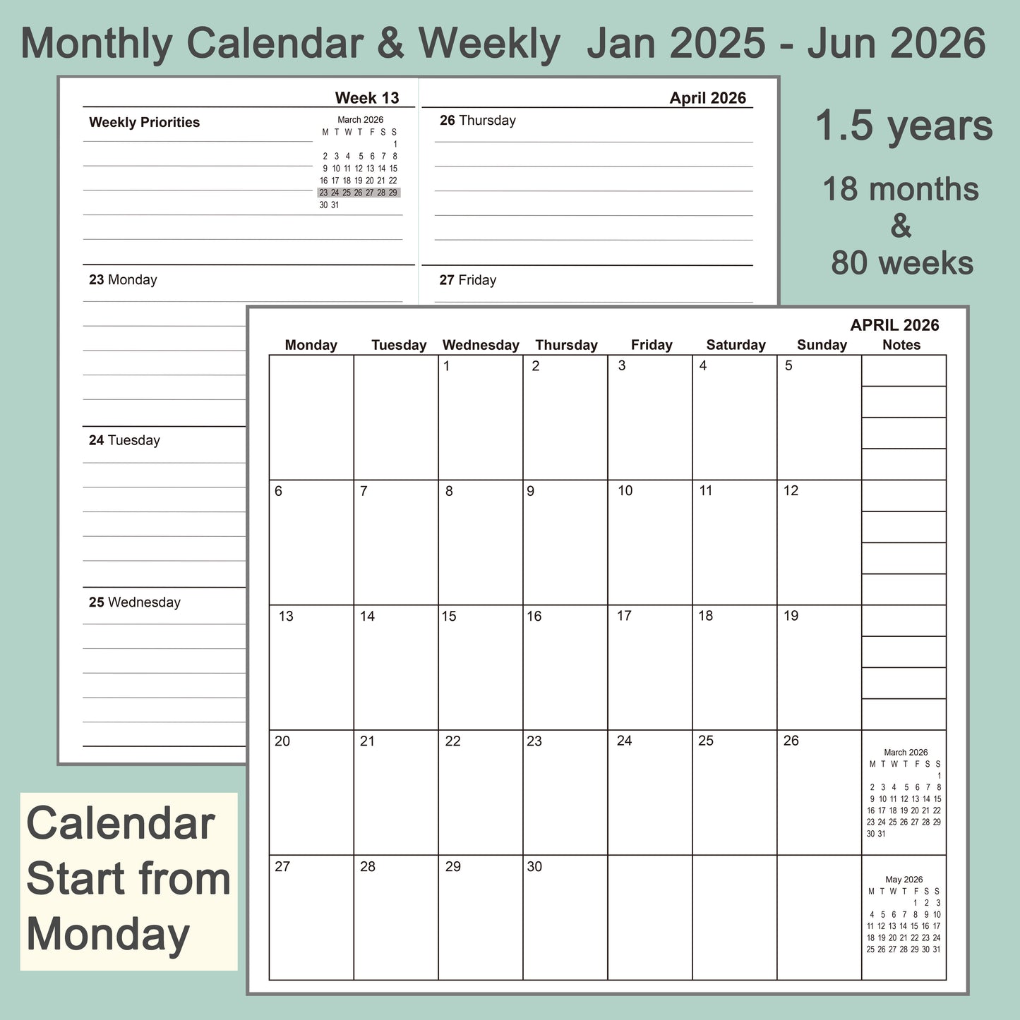 3pcs Travelers Notebook Inserts Jan 2025 - Jun 2026, Weekly & Monthly Calendar Refills（start from Monday)