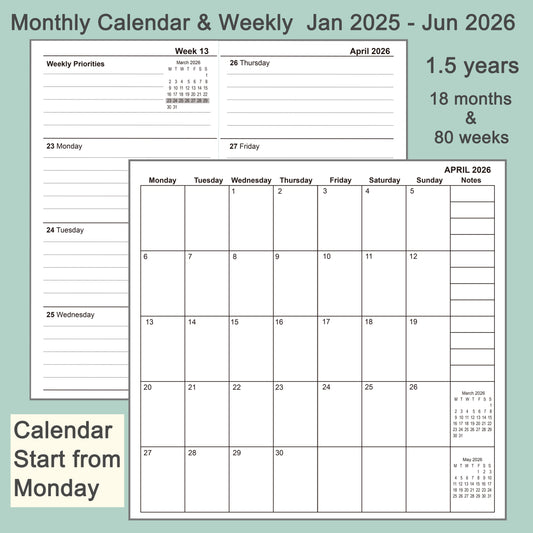 3pcs Travelers Notebook Inserts Jan 2025 - Jun 2026, Weekly & Monthly Calendar Refills（start from Monday)