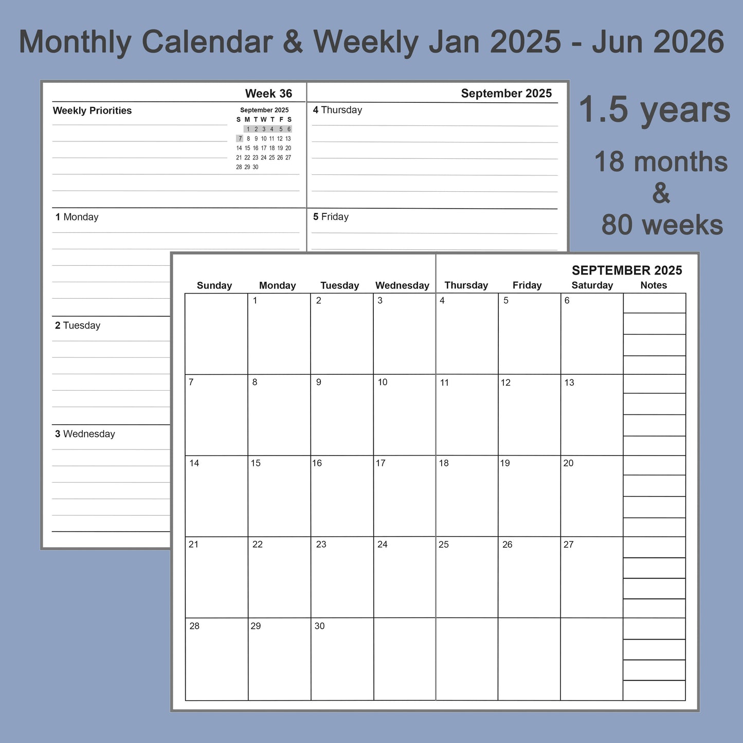 3pcs Travelers Notebook Inserts Jan 2025 - Jun 2026, Weekly & Monthly Calendar Refills, Pocket 3.5 x 5.5