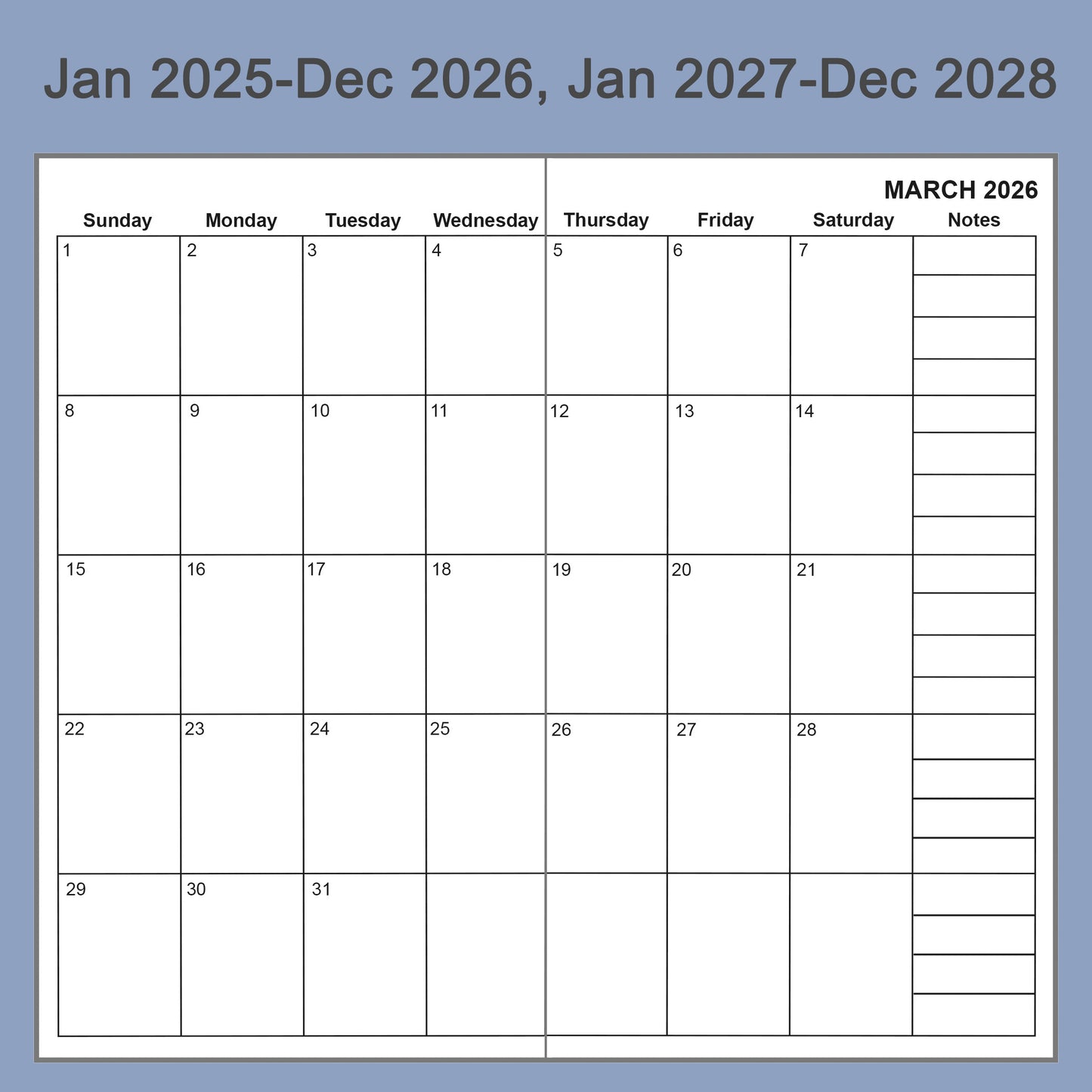 2pcs Travelers Notebook Inserts, Jan 2025 - Dec 2028, Monthly Calendar Refills, Pocket 3.5 x 5.5