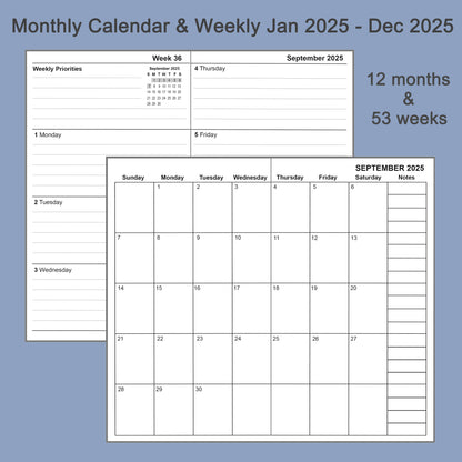 2pcs Travelers Notebook Inserts Jan - Dec 2025, Weekly & Monthly Calendar Refills, Pocket 3.5 x 5.5