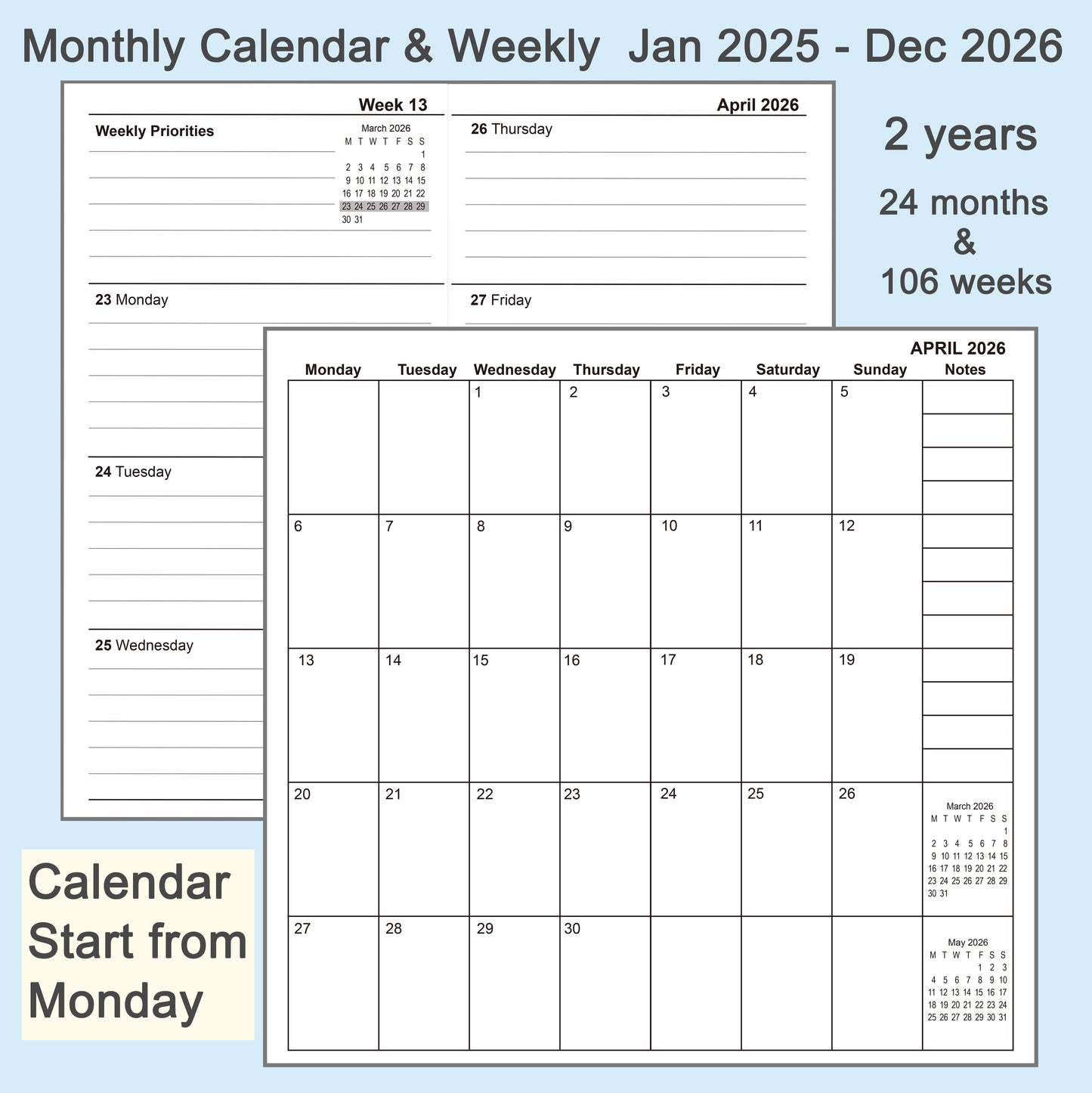 4pcs Traveler's Notebook Inserts, Jan 2025 - Dec 2026, Weekly & Monthly Calendar Refills（Start from Monday）