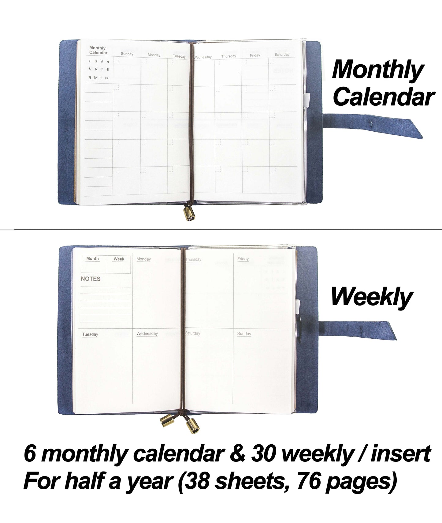 [Planner-Small] Leather Journal Planner Organizer - Academic Monthly Calendar & Weekly & Daily Blue
