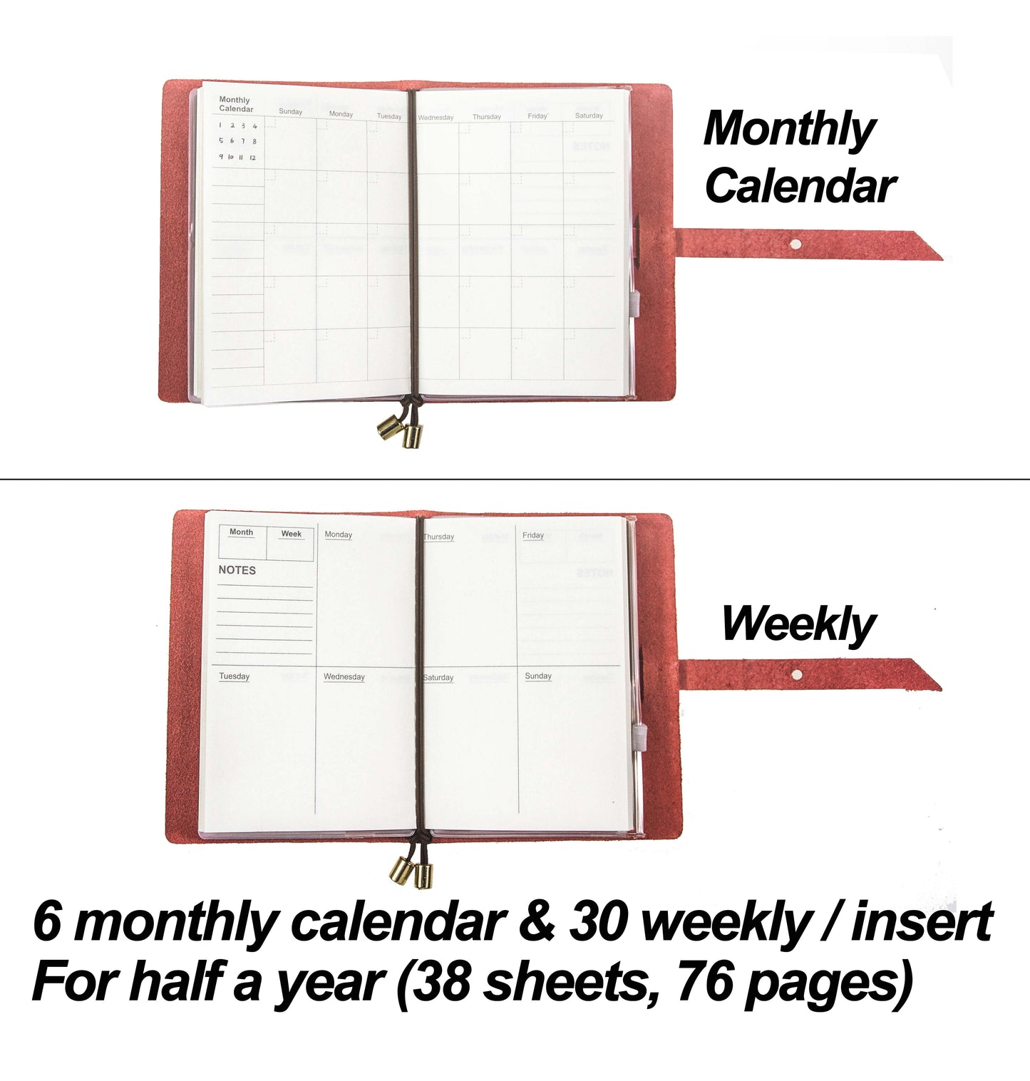 [Planner-Small] Leather Journal Planner Organizer - Academic Monthly Calendar & Weekly & Daily Pink
